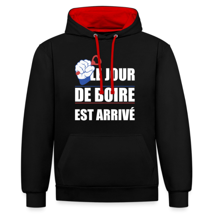 Sweat-shirt à capuche contrasté unisexe - Le jour de boire est arrivé - noir/rouge - front
