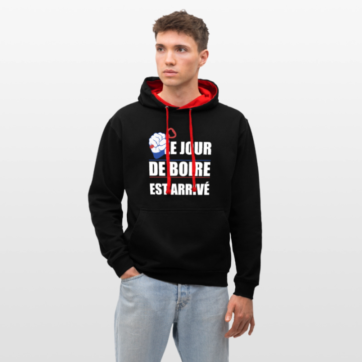 Sweat-shirt à capuche contrasté unisexe - Le jour de boire est arrivé - noir/rouge - front