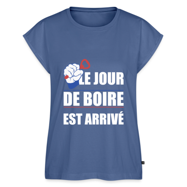T-shirt à manches retroussées femme - Le jour de boire est arrivé - bleu pigeon - front