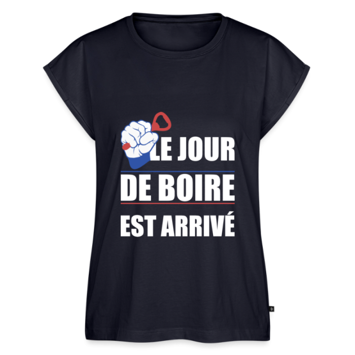 T-shirt à manches retroussées femme - Le jour de boire est arrivé - bleu marine - front