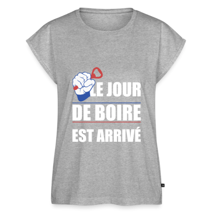 T-shirt à manches retroussées femme - Le jour de boire est arrivé - gris chiné - front