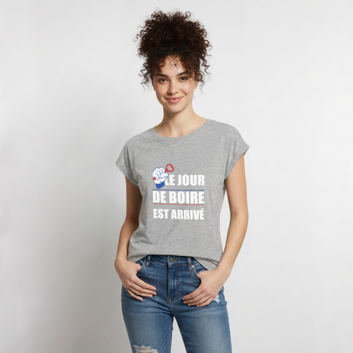 T-shirt à manches retroussées femme - Le jour de boire est arrivé - gris chiné - front