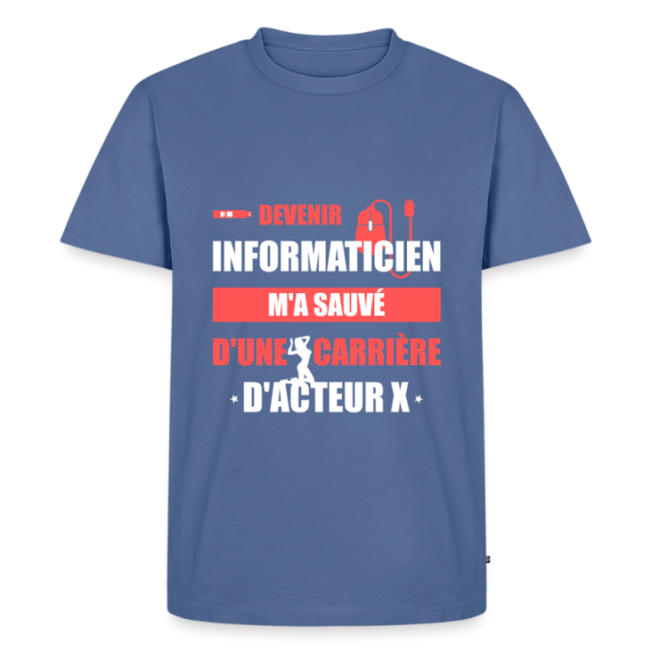 T-shirt premium homme - Devenir informaticien m'a sauvé - bleu pigeon - front
