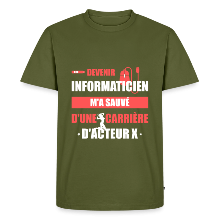 T-shirt premium homme - Devenir informaticien m'a sauvé - kaki - front