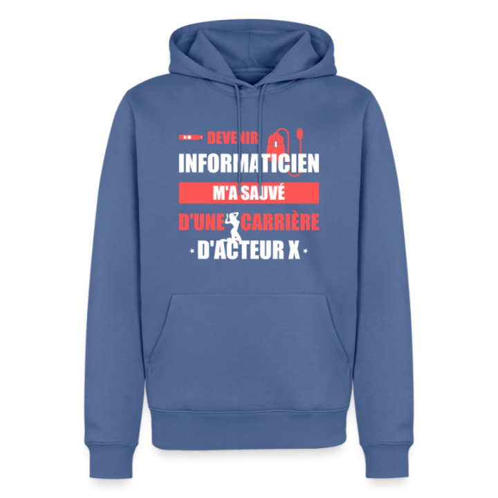 Sweat-shirt à capuche premium homme - Devenir informaticien m'a sauvé - bleu pigeon - front