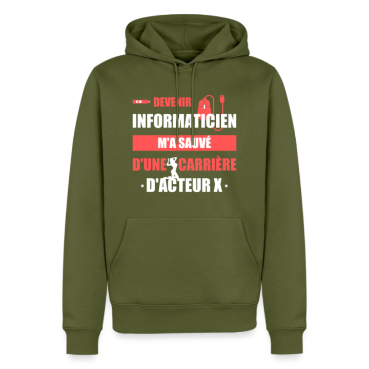 Sweat-shirt à capuche premium homme - Devenir informaticien m'a sauvé - kaki - front