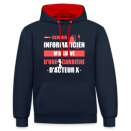 Sweat-shirt à capuche contrasté unisexe - Devenir informaticien m'a sauvé - bleu marine/rouge - front