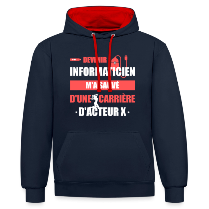 Sweat-shirt à capuche contrasté unisexe - Devenir informaticien m'a sauvé - bleu marine/rouge - front