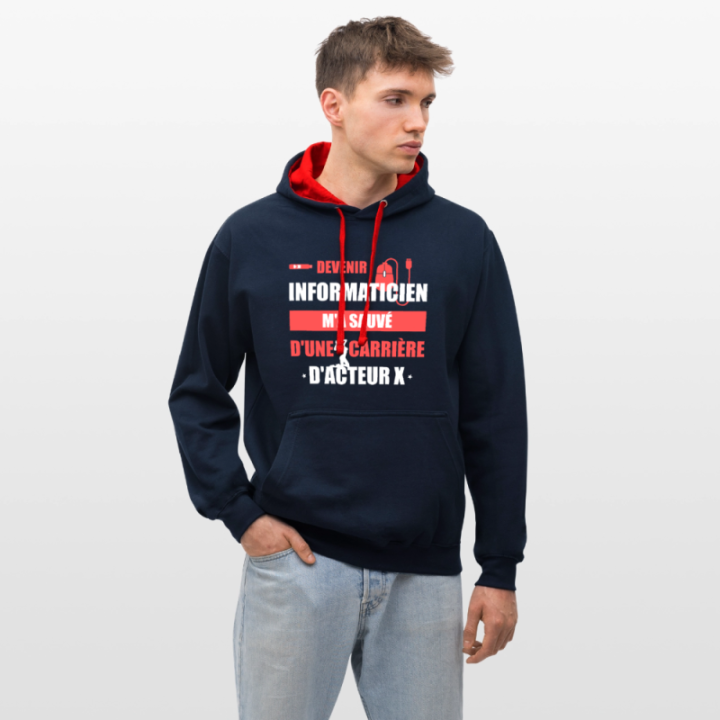 Sweat-shirt à capuche contrasté unisexe - Devenir informaticien m'a sauvé - bleu marine/rouge - front