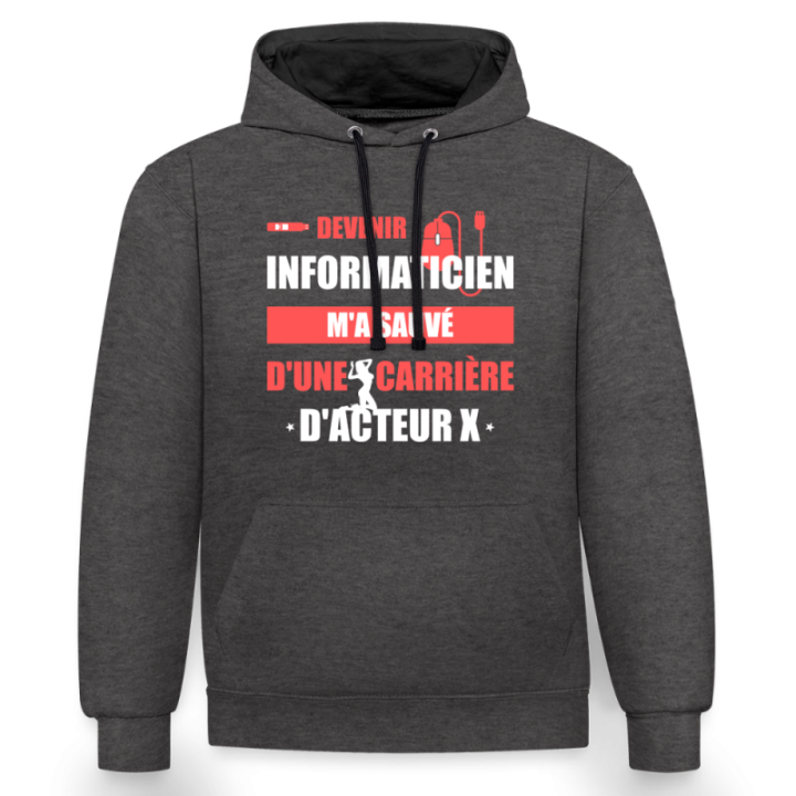Sweat-shirt à capuche contrasté unisexe - Devenir informaticien m'a sauvé - anthracite/noir - front