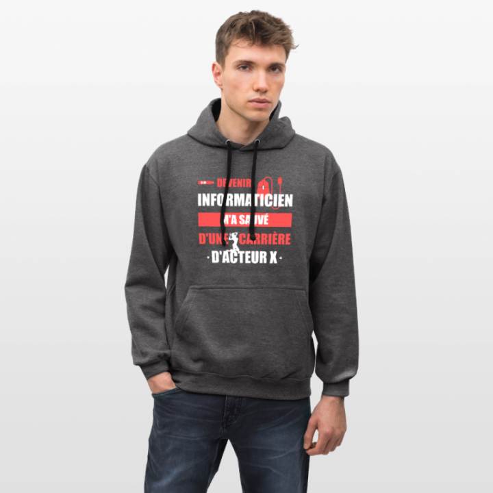 Sweat-shirt à capuche contrasté unisexe - Devenir informaticien m'a sauvé - anthracite/noir - front
