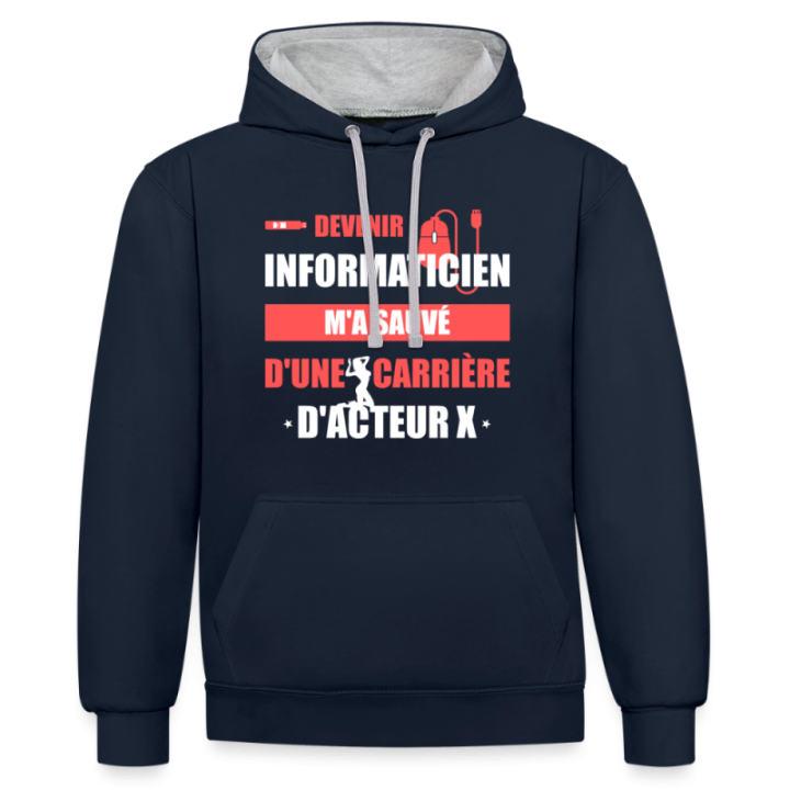 Sweat-shirt à capuche contrasté unisexe - Devenir informaticien m'a sauvé - bleu marine/gris chiné - front