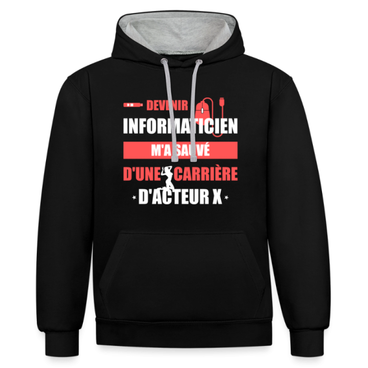 Sweat-shirt à capuche contrasté unisexe - Devenir informaticien m'a sauvé - noir/gris chiné - front