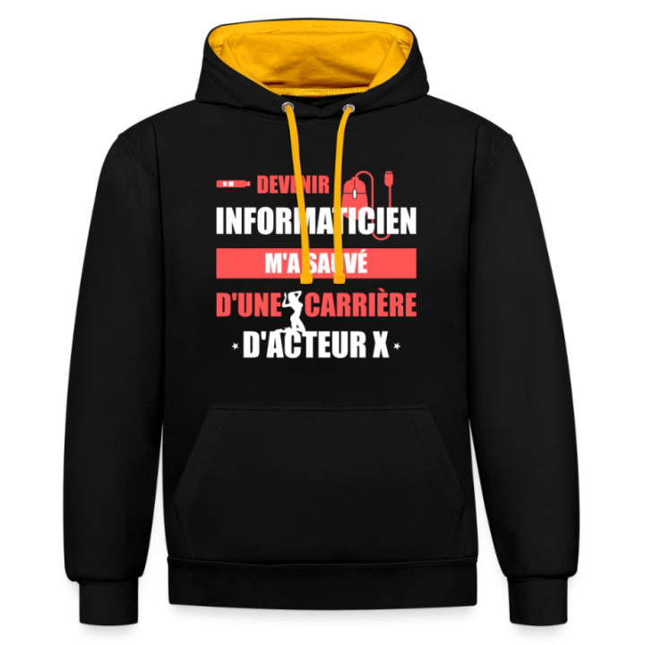 Sweat-shirt à capuche contrasté unisexe - Devenir informaticien m'a sauvé - noir/or - front