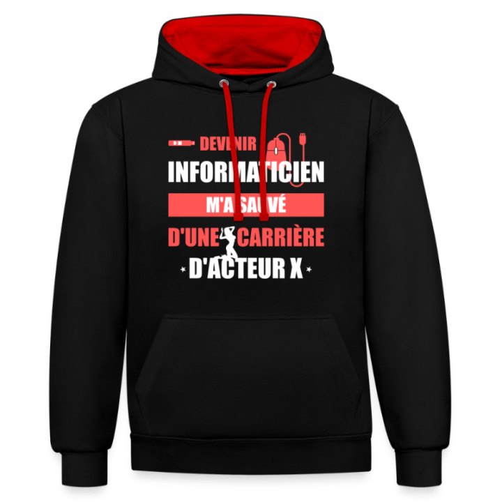 Sweat-shirt à capuche contrasté unisexe - Devenir informaticien m'a sauvé - noir/rouge - front