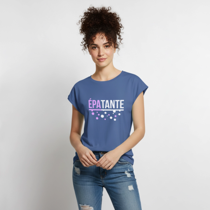 T-shirt à manches retroussées femme - Épa-tante - bleu pigeon - front