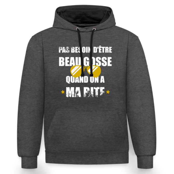 Sweat-shirt à capuche contrasté unisexe - Pas besoin d'être beau gosse quand on a ma ... - anthracite/noir - front