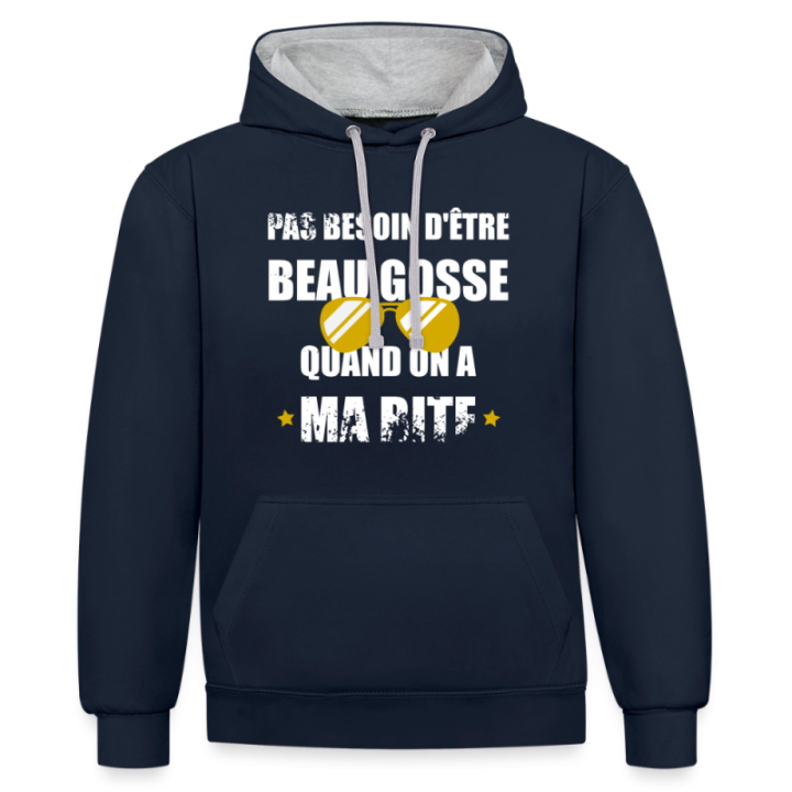 Sweat-shirt à capuche contrasté unisexe - Pas besoin d'être beau gosse quand on a ma ... - bleu marine/gris chiné - front