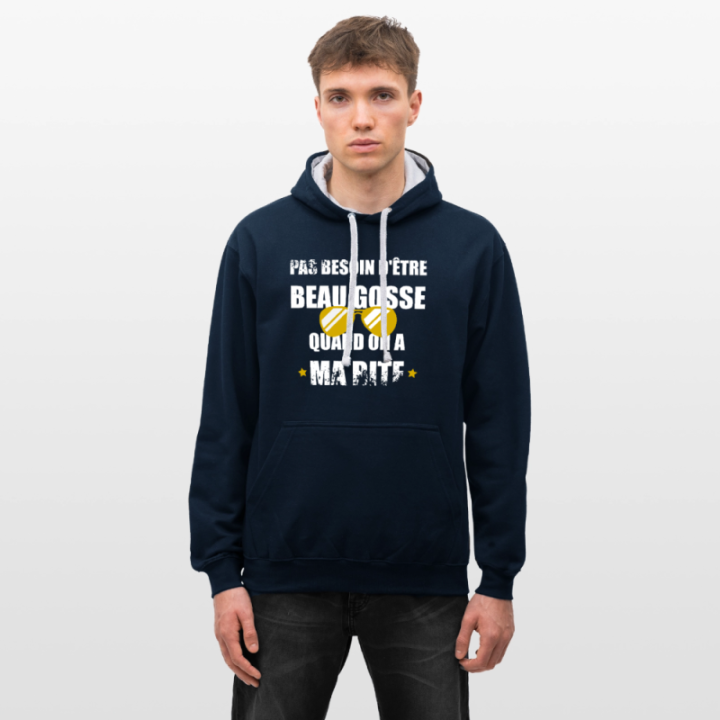 Sweat-shirt à capuche contrasté unisexe - Pas besoin d'être beau gosse quand on a ma ... - bleu marine/gris chiné - front