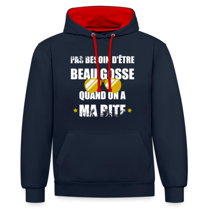 Sweat-shirt à capuche contrasté unisexe - Pas besoin d'être beau gosse quand on a ma ... - bleu marine/rouge - front