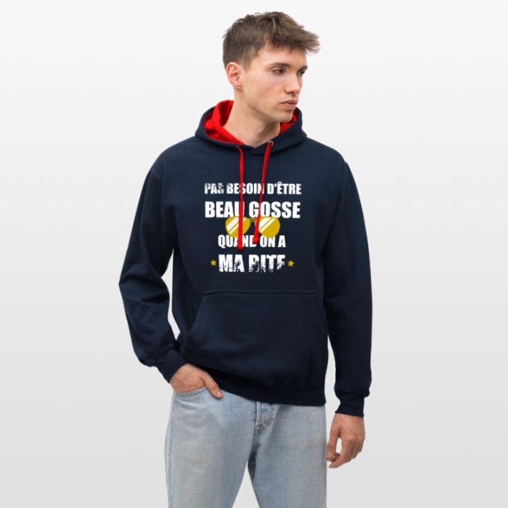 Sweat-shirt à capuche contrasté unisexe - Pas besoin d'être beau gosse quand on a ma ... - bleu marine/rouge - front
