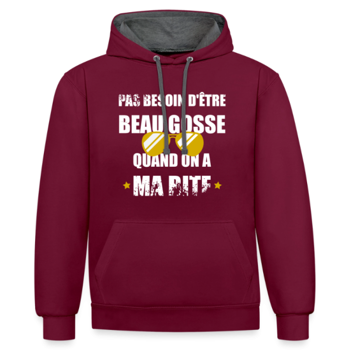 Sweat-shirt à capuche contrasté unisexe - Pas besoin d'être beau gosse quand on a ma ... - bordeaux/anthracite - front
