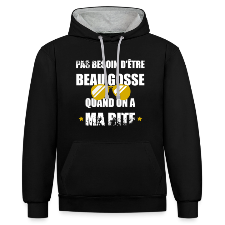 Sweat-shirt à capuche contrasté unisexe - Pas besoin d'être beau gosse quand on a ma ... - noir/gris chiné - front