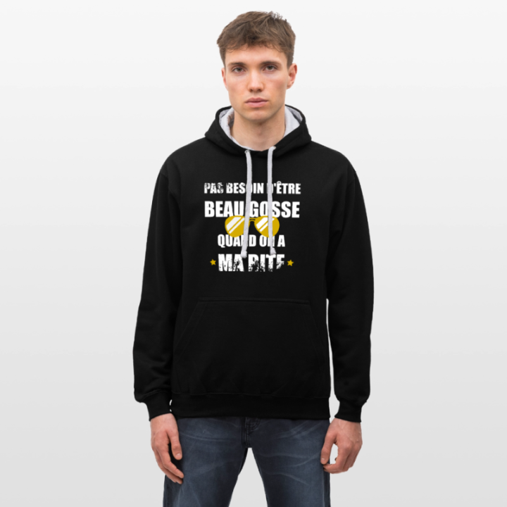 Sweat-shirt à capuche contrasté unisexe - Pas besoin d'être beau gosse quand on a ma ... - noir/gris chiné - front