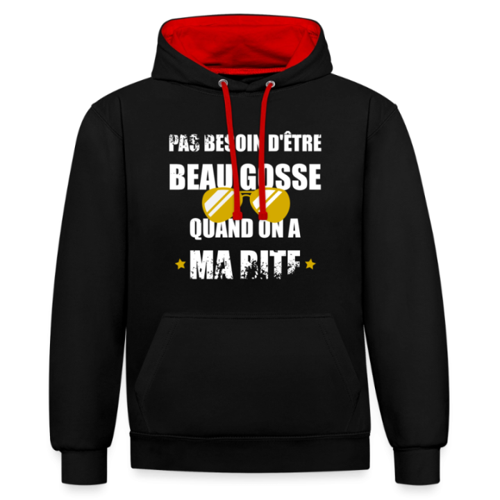 Sweat-shirt à capuche contrasté unisexe - Pas besoin d'être beau gosse quand on a ma ... - noir/rouge - front