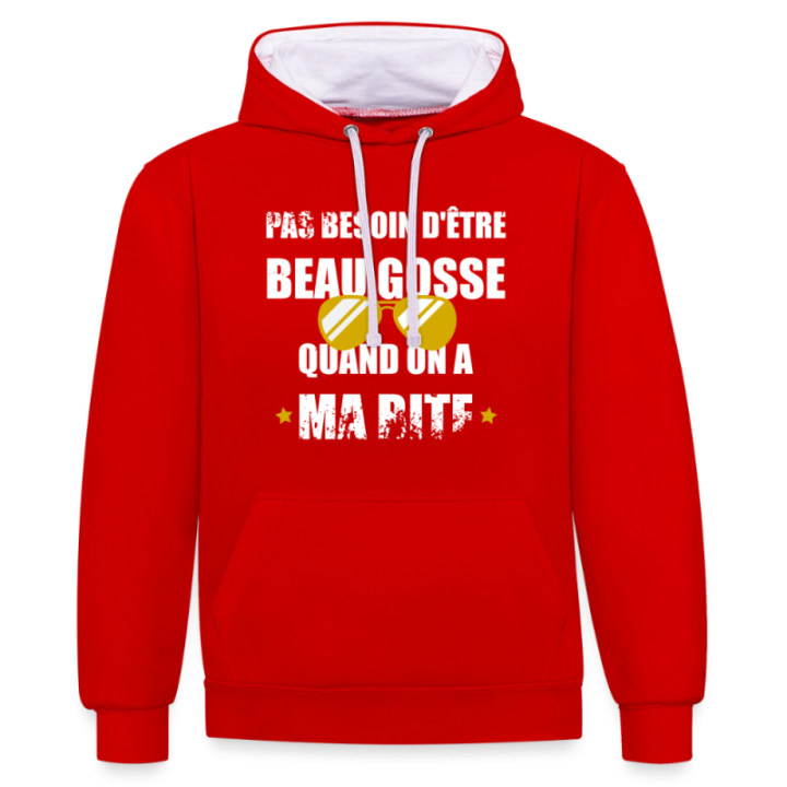 Sweat-shirt à capuche contrasté unisexe - Pas besoin d'être beau gosse quand on a ma ... - rouge/blanc - front