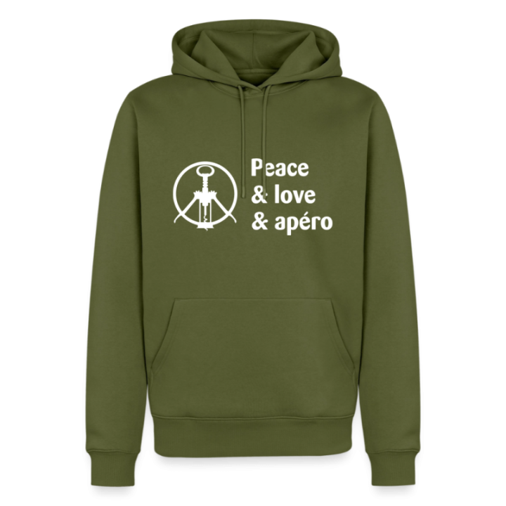 Sweat-shirt à capuche premium homme - Peace Love Apéro - kaki - front