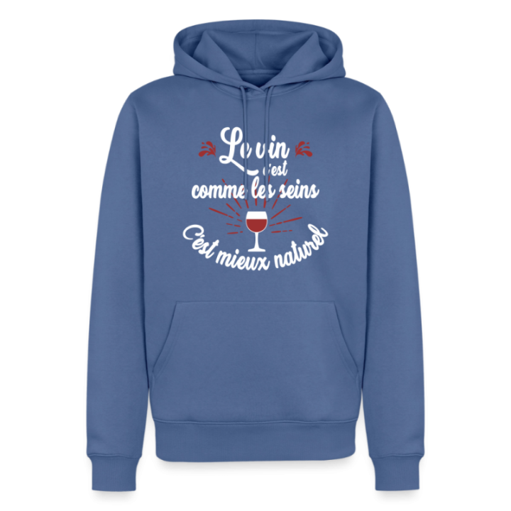 Sweat-shirt à capuche premium homme - Le vin c'est mieux naturel - bleu pigeon - front
