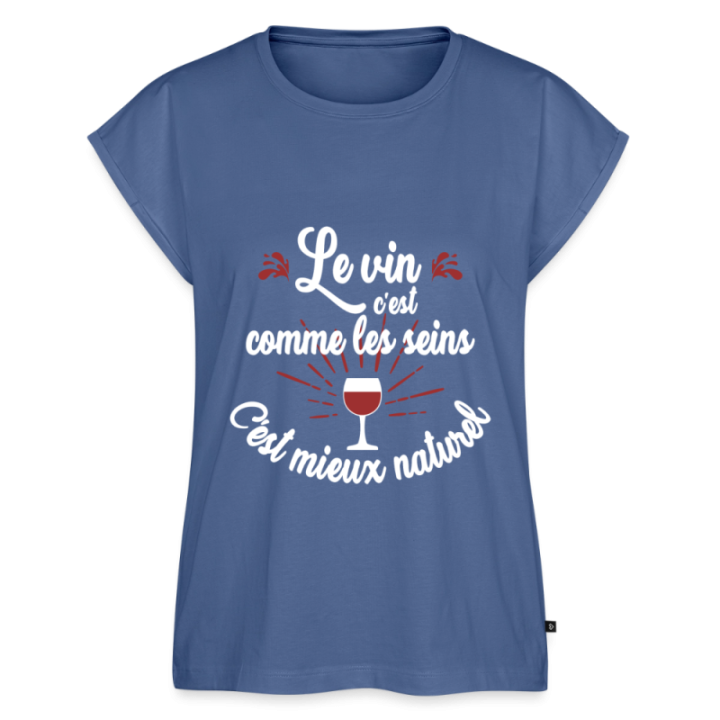 T-shirt à manches retroussées femme - Le vin c'est mieux naturel - bleu pigeon - front