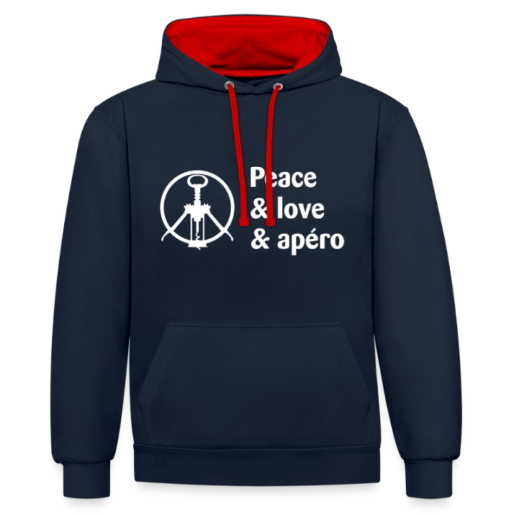 Sweat-shirt à capuche contrasté unisexe - Peace Love Apéro - bleu marine/rouge - front