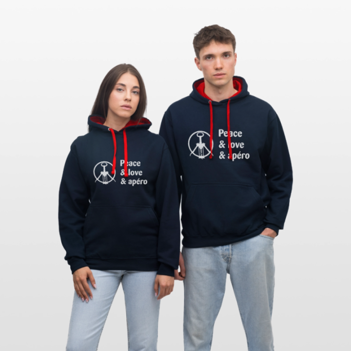 Sweat-shirt à capuche contrasté unisexe - Peace Love Apéro - bleu marine/rouge - front