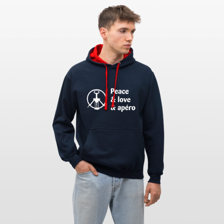 Sweat-shirt à capuche contrasté unisexe - Peace Love Apéro - bleu marine/rouge - front