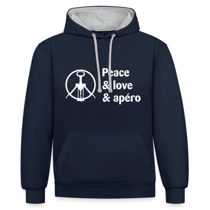 Sweat-shirt à capuche contrasté unisexe - Peace Love Apéro - bleu marine/gris chiné - front