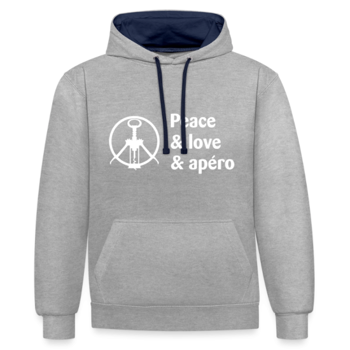 Sweat-shirt à capuche contrasté unisexe - Peace Love Apéro - gris chiné/bleu marine - front