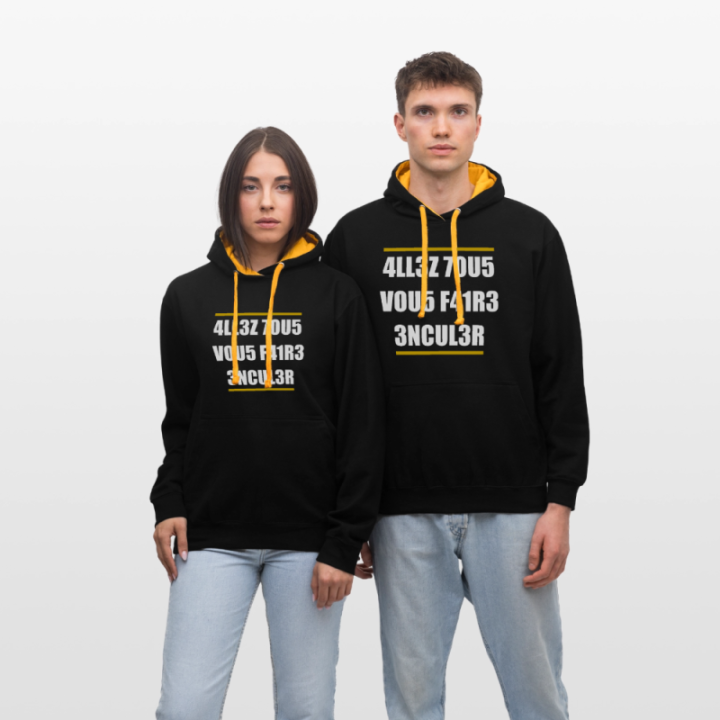 Sweat-shirt à capuche contrasté unisexe - Allez tous vous faire... - noir/or - front