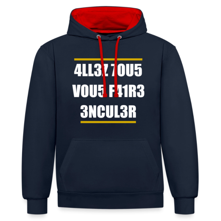 Sweat-shirt à capuche contrasté unisexe - Allez tous vous faire... - bleu marine/rouge - front