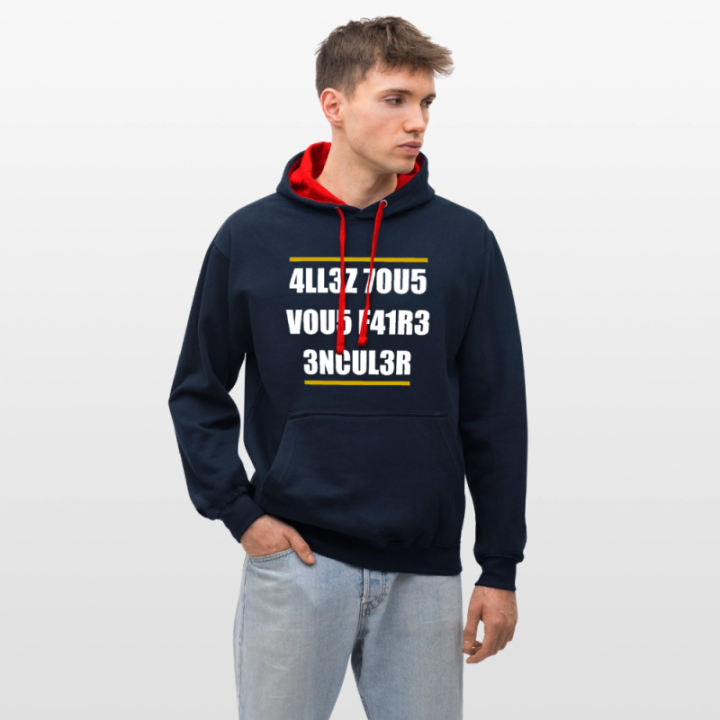 Sweat-shirt à capuche contrasté unisexe - Allez tous vous faire... - bleu marine/rouge - front