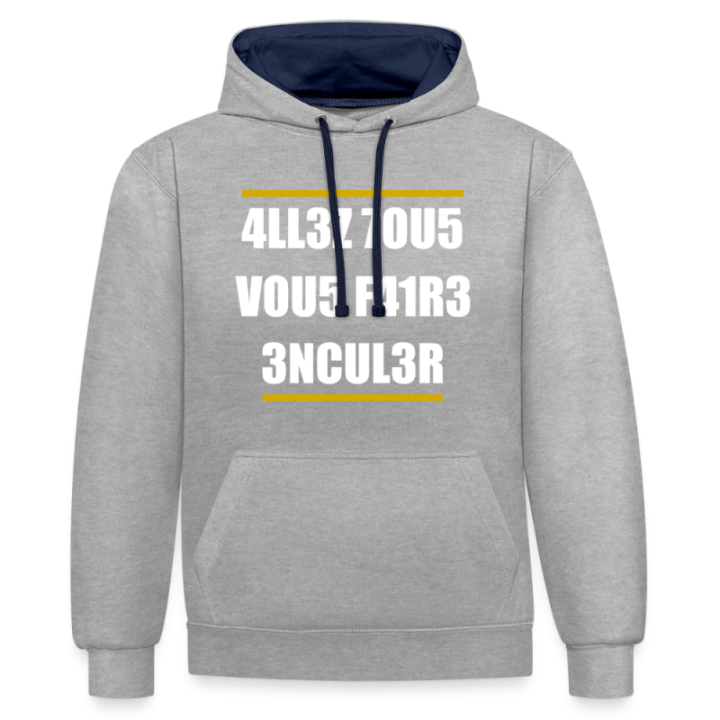 Sweat-shirt à capuche contrasté unisexe - Allez tous vous faire... - gris chiné/bleu marine - front