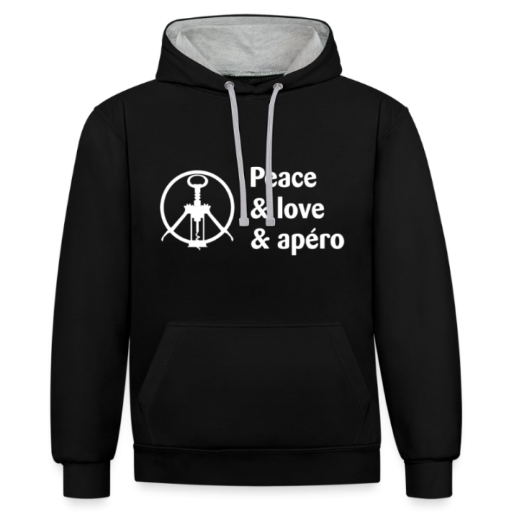 Sweat-shirt à capuche contrasté unisexe - Peace Love Apéro - noir/gris chiné - front