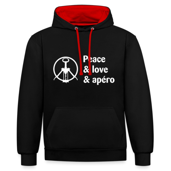 Sweat-shirt à capuche contrasté unisexe - Peace Love Apéro - noir/rouge - front