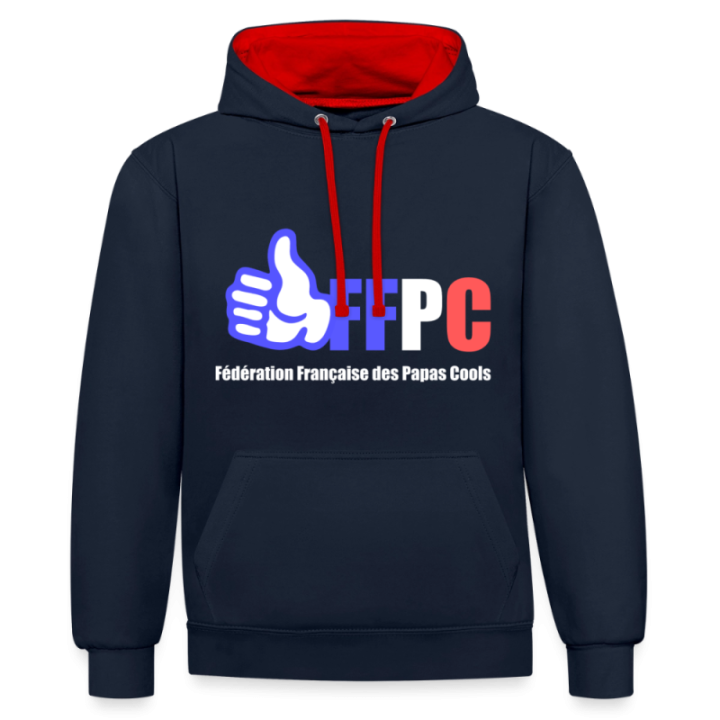 Sweat-shirt à capuche contrasté unisexe - Fédération Française des papas cools - bleu marine/rouge - front