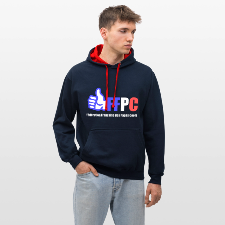 Sweat-shirt à capuche contrasté unisexe - Fédération Française des papas cools - bleu marine/rouge - front