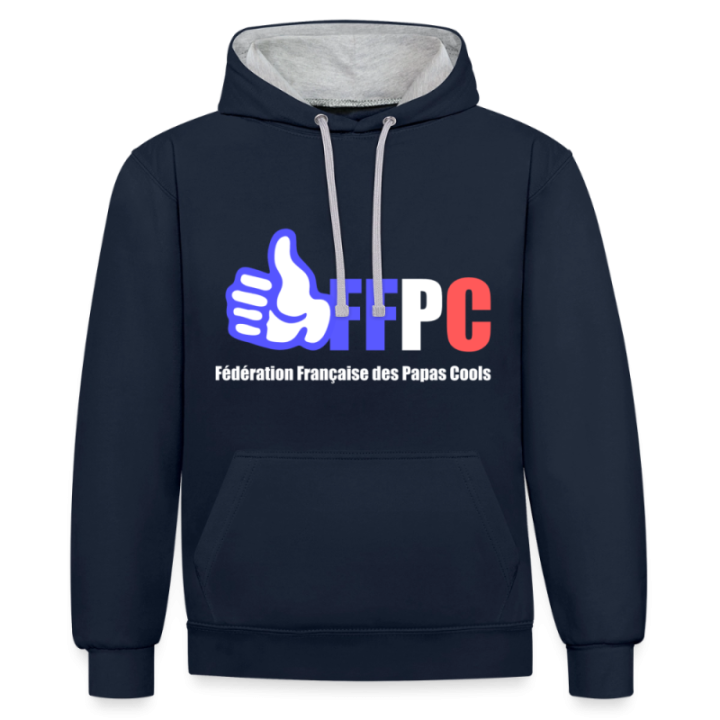 Sweat-shirt à capuche contrasté unisexe - Fédération Française des papas cools - bleu marine/gris chiné - front