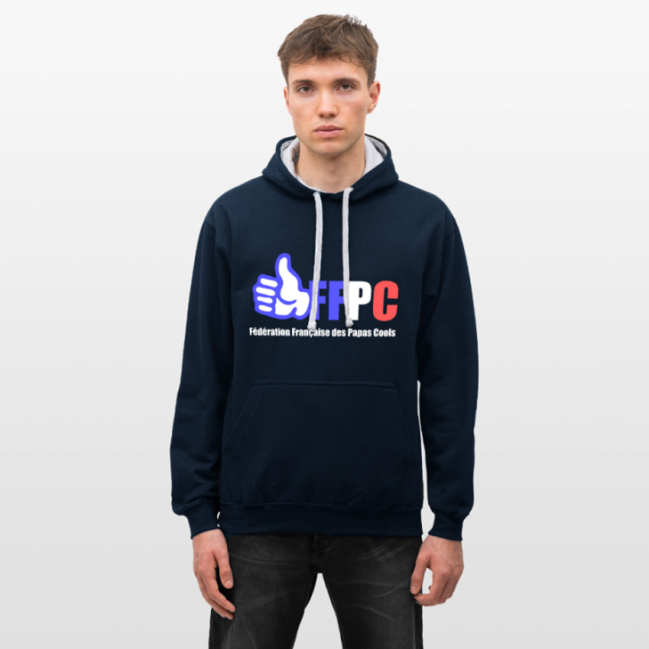 Sweat-shirt à capuche contrasté unisexe - Fédération Française des papas cools - bleu marine/gris chiné - front