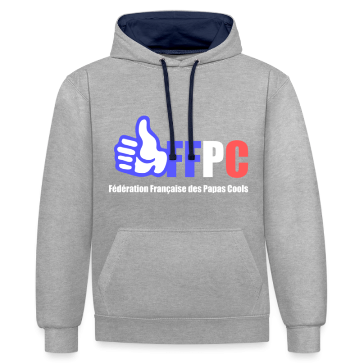 Sweat-shirt à capuche contrasté unisexe - Fédération Française des papas cools - gris chiné/bleu marine - front