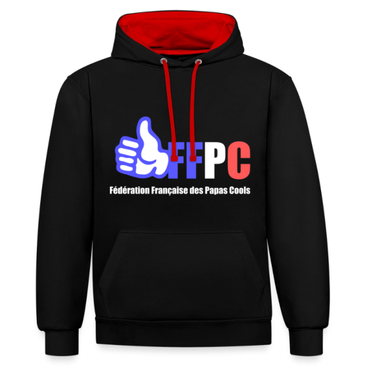 Sweat-shirt à capuche contrasté unisexe - Fédération Française des papas cools - noir/rouge - front